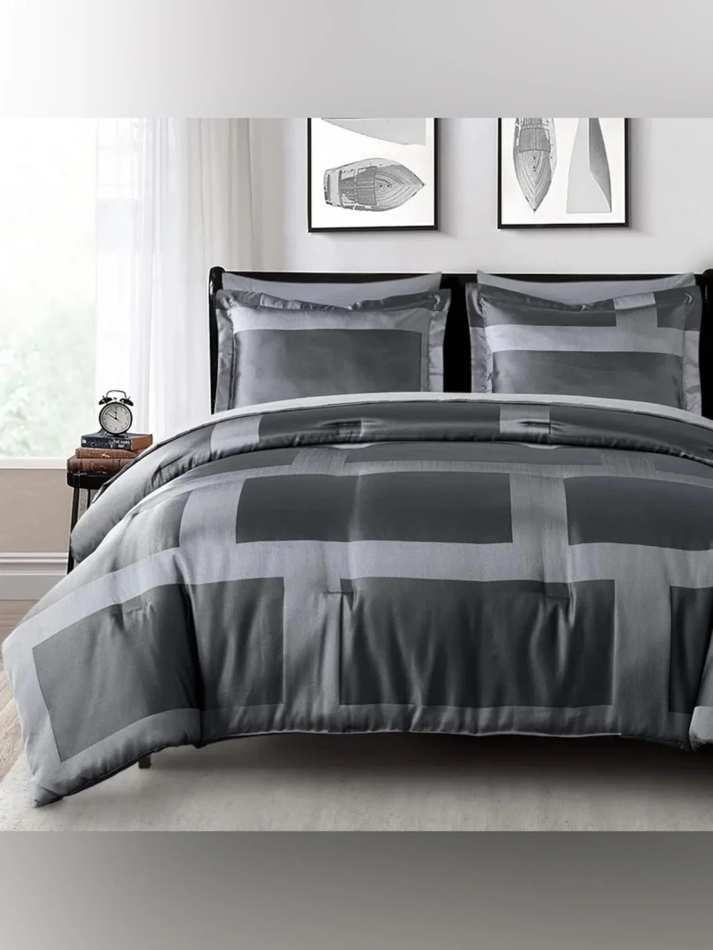 Luxury Geometric Gray Satin cal king 3 piece Comforter Set